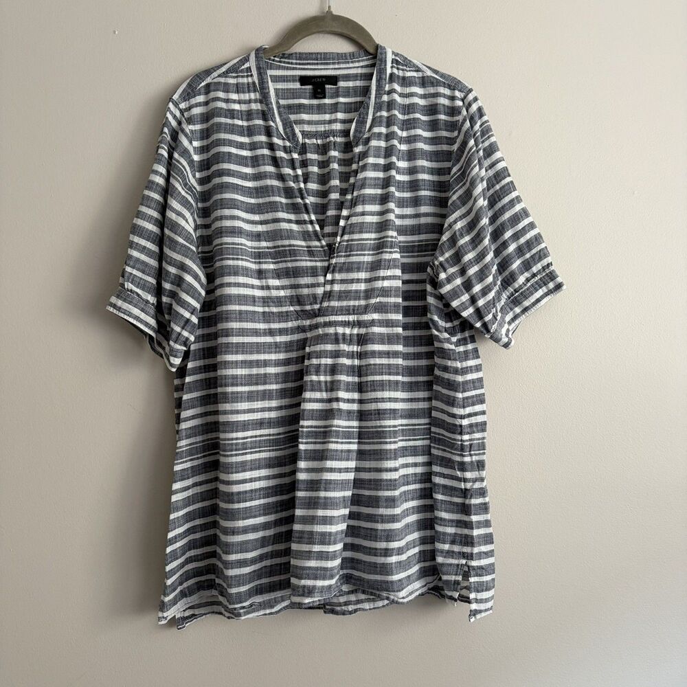 J. Crew Womens Blue White Striped Cotton Blouse Sz XL Elbow Sleeve V-Neck Loose